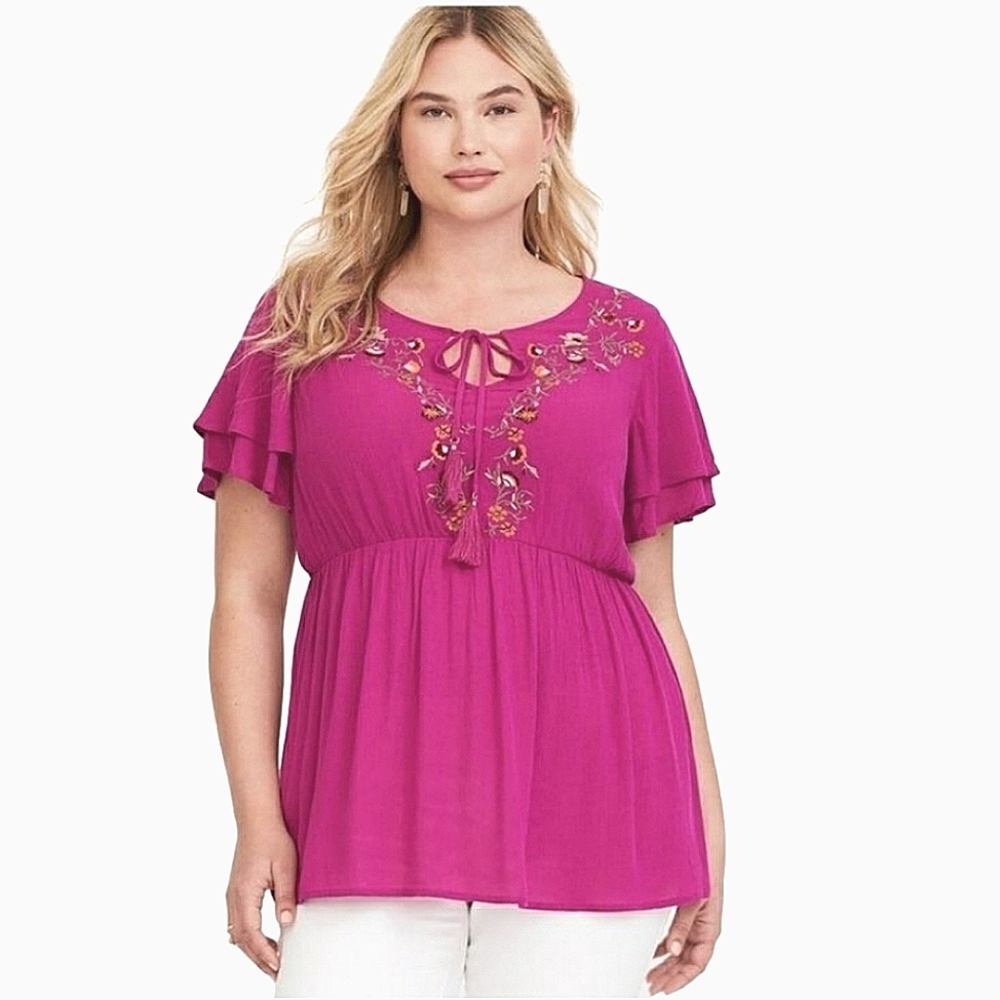 Torrid 0X Flutter Sleeve Babydoll Top Flowy  Boho Embroidered Coquette Festival